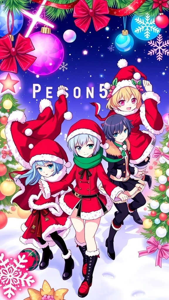 Persona 5 characters in Christmas attire with festive decorations for a holiday-themed wallpaper.